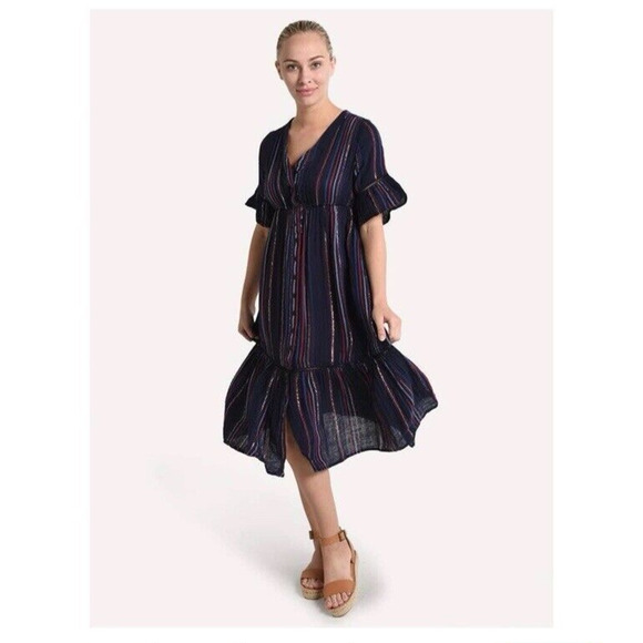Sundry Dresses & Skirts - Anthropologie Sundry Dress Sz 1 Navy Striped Metallic Ruffle Midi Boho Peasant